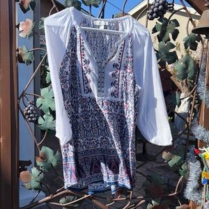 Vintage America Floral Blouse - White and Blue